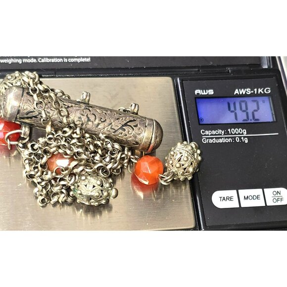 Antique Silver Prayer Scroll Pendant Necklace Carnelian & Filigree Charms HS140 - Picture 10 of 11